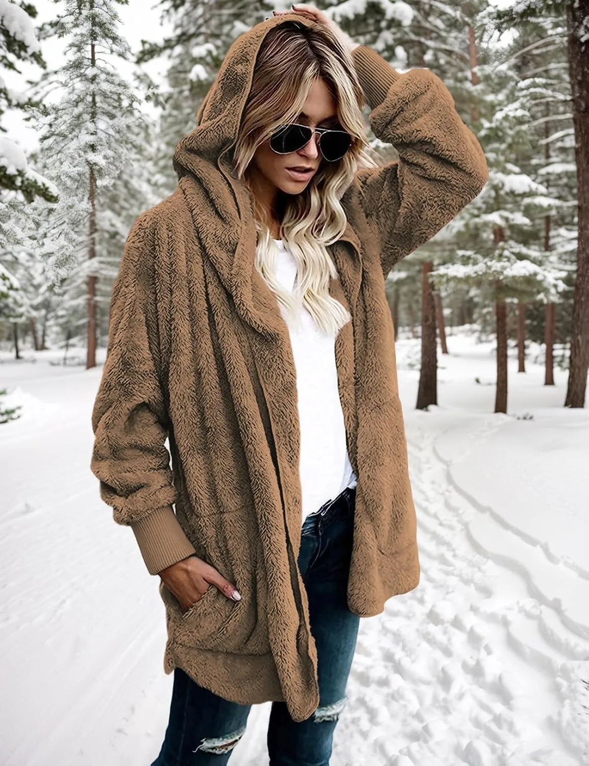 Zilcremo Women Hooded Cardigan Fuzzy Jacket Winter Open Front Fleece Coat Outwear with Pockets