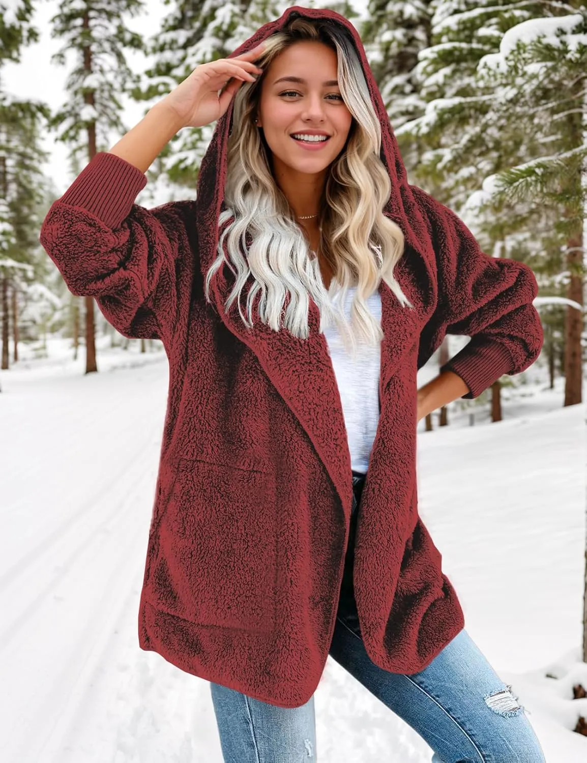 Zilcremo Women Hooded Cardigan Fuzzy Jacket Winter Open Front Fleece Coat Outwear with Pockets