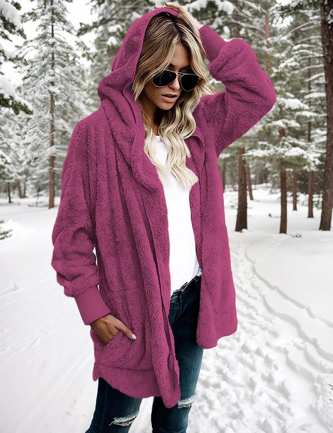 Zilcremo Women Hooded Cardigan Fuzzy Jacket Winter Open Front Fleece Coat Outwear with Pockets