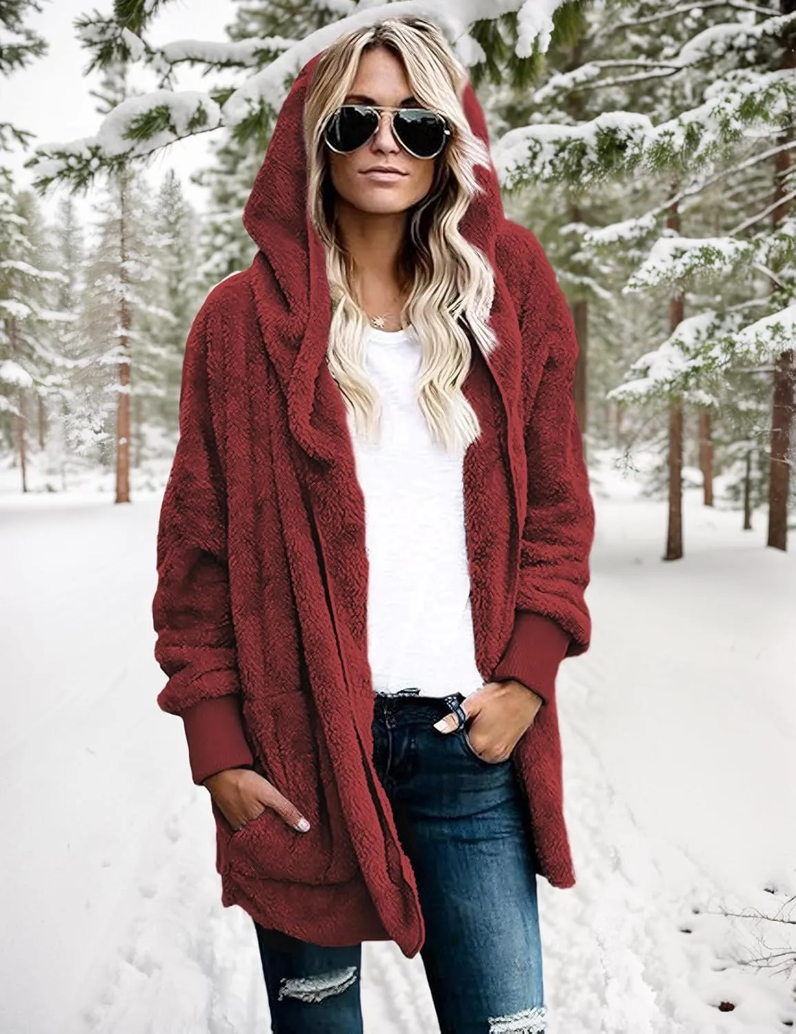 Zilcremo Women Hooded Cardigan Fuzzy Jacket Winter Open Front Fleece Coat Outwear with Pockets