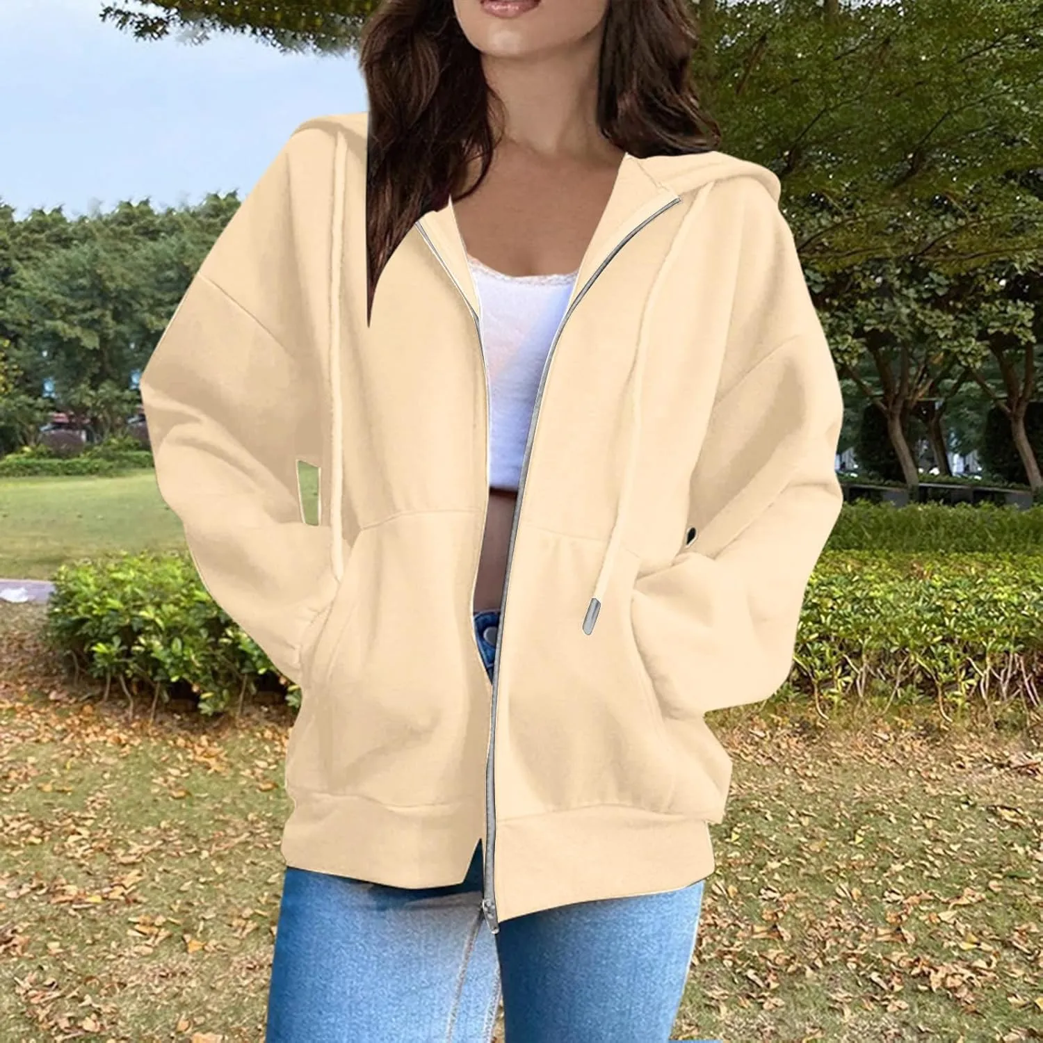 Zip Up Hoodie Women Fall Fashion 2024 Long Sleeve Zip Up Lightweight Sweatshirts Loose Fit Workout Plain Hoodie