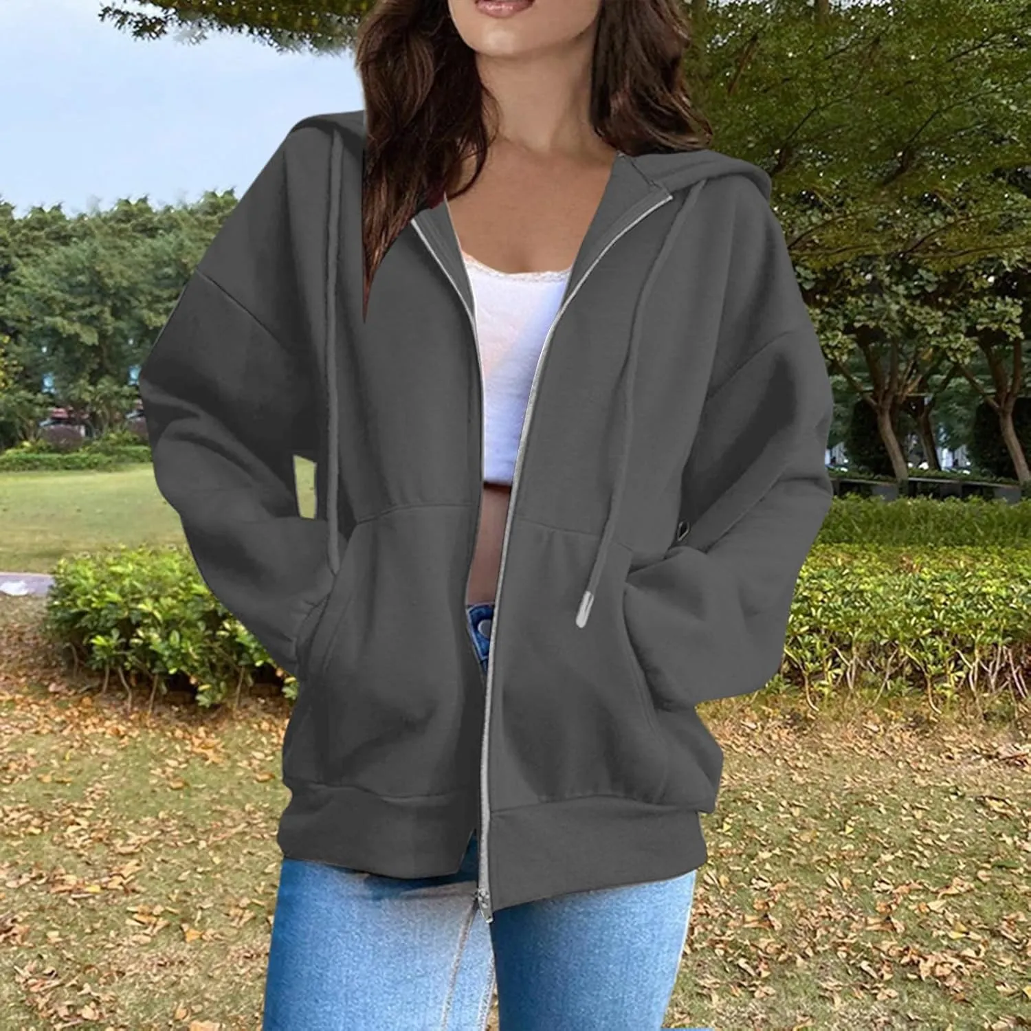 Zip Up Hoodie Women Long Sleeve Oversized Sweatshirts Y2K Jacket Pockets Patchwork Design T-Shirt Hoodie