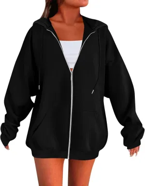 Zip Up Hoodie Women Y2k Oversized Fleece Jacket Workout Drawstring Hooded Sweatshirt with Pockets Winter Clothes