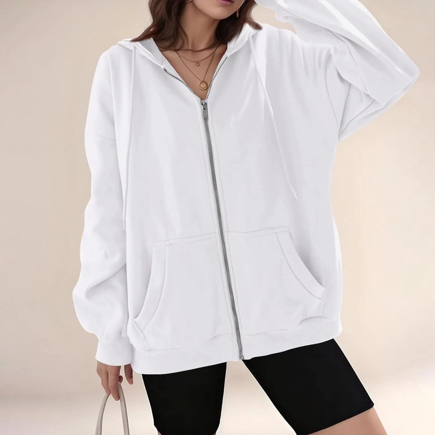 Zip Up Hoodie Women Y2k Oversized Fleece Jacket Workout Drawstring Hooded Sweatshirt with Pockets Winter Clothes