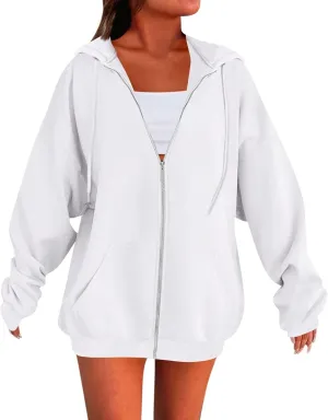 Zip Up Hoodie Women Y2k Oversized Fleece Jacket Workout Drawstring Hooded Sweatshirt with Pockets Winter Clothes