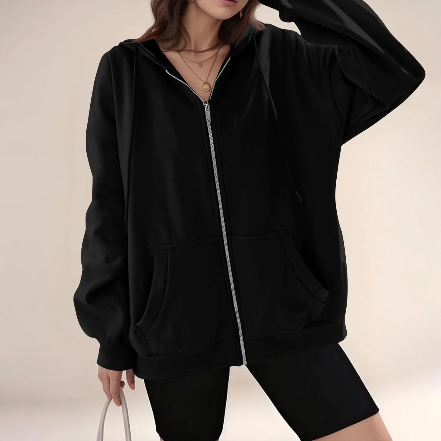 Zip Up Hoodie Women Y2k Oversized Fleece Jacket Workout Drawstring Hooded Sweatshirt with Pockets Winter Clothes