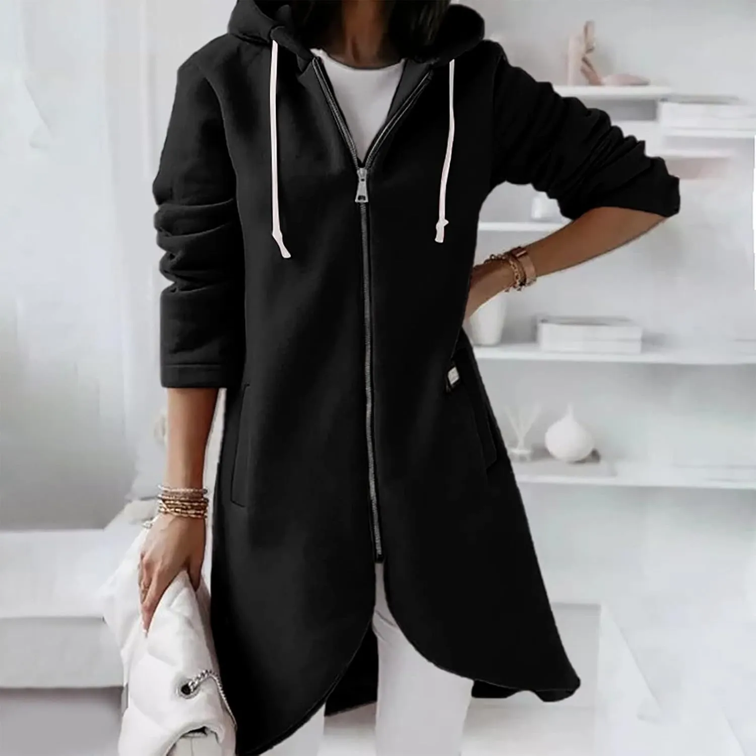 Zip Up Hoodie Women,2024 Trendy Irregular Hem Oversized Hoodies Long Tunic Sweatshirt Open Front Cardigan Jacket