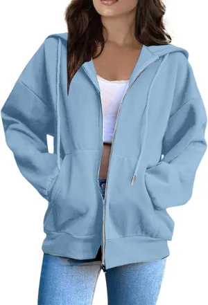 Zip Up Hoodies for Women Fashion Solid Color Outdoor Casual Sports Loose Comfortable Long Sleeve Hooded Jacket