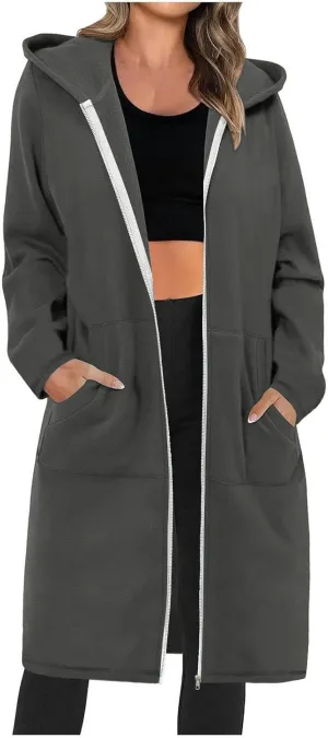 Zip Up Hoodies for Women Oversized Long Sleeve Sweatshirts Casual Fleece Hooded Coat Fall Long Jacket with Pockets