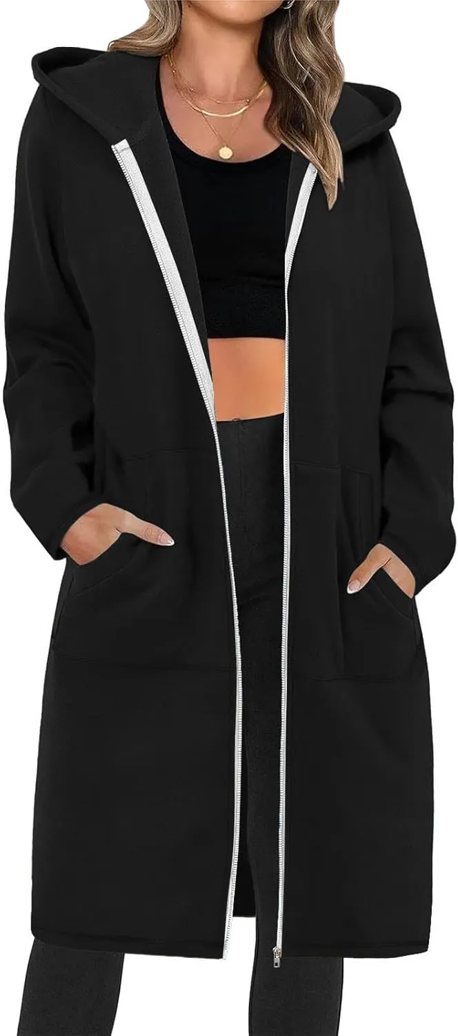 Zip Up Hoodies for Women Oversized Long Sleeve Sweatshirts Casual Fleece Hooded Coat Fall Long Jacket with Pockets