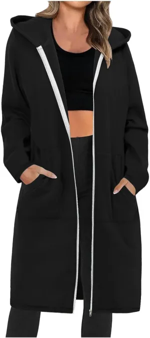 Zip Up Hoodies for Women Oversized Long Sleeve Sweatshirts Casual Fleece Hooded Coat Fall Long Jacket with Pockets