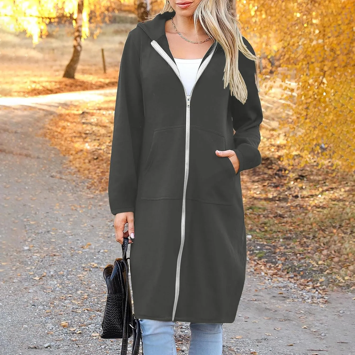 Zip Up Hoodies for Women Oversized Long Sleeve Sweatshirts Casual Fleece Hooded Coat Fall Long Jacket with Pockets