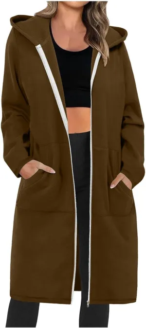 Zip Up Hoodies for Women Oversized Long Sleeve Sweatshirts Casual Fleece Hooded Coat Fall Long Jacket with Pockets