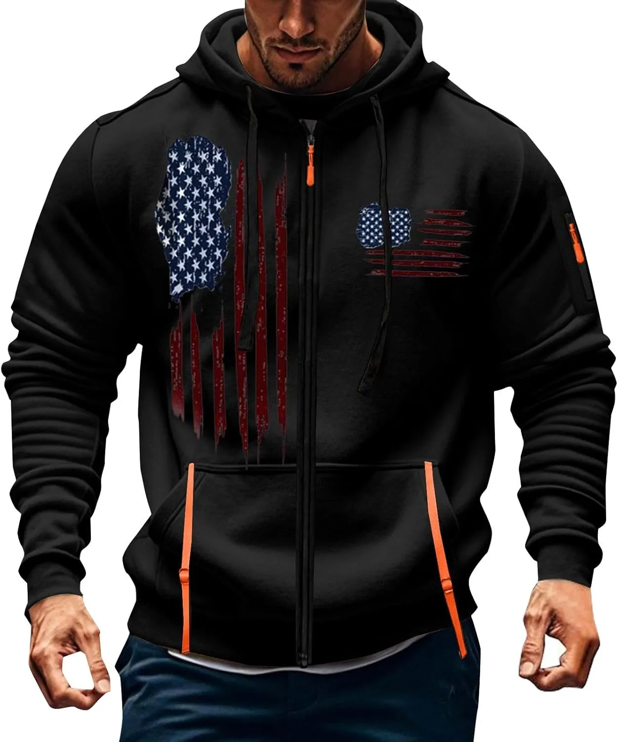 Zipper Hoodies for Men Graphic American Flag Tactical Hooded Sweatshirts Long Sleeve Athletic Jacket With Pockets
