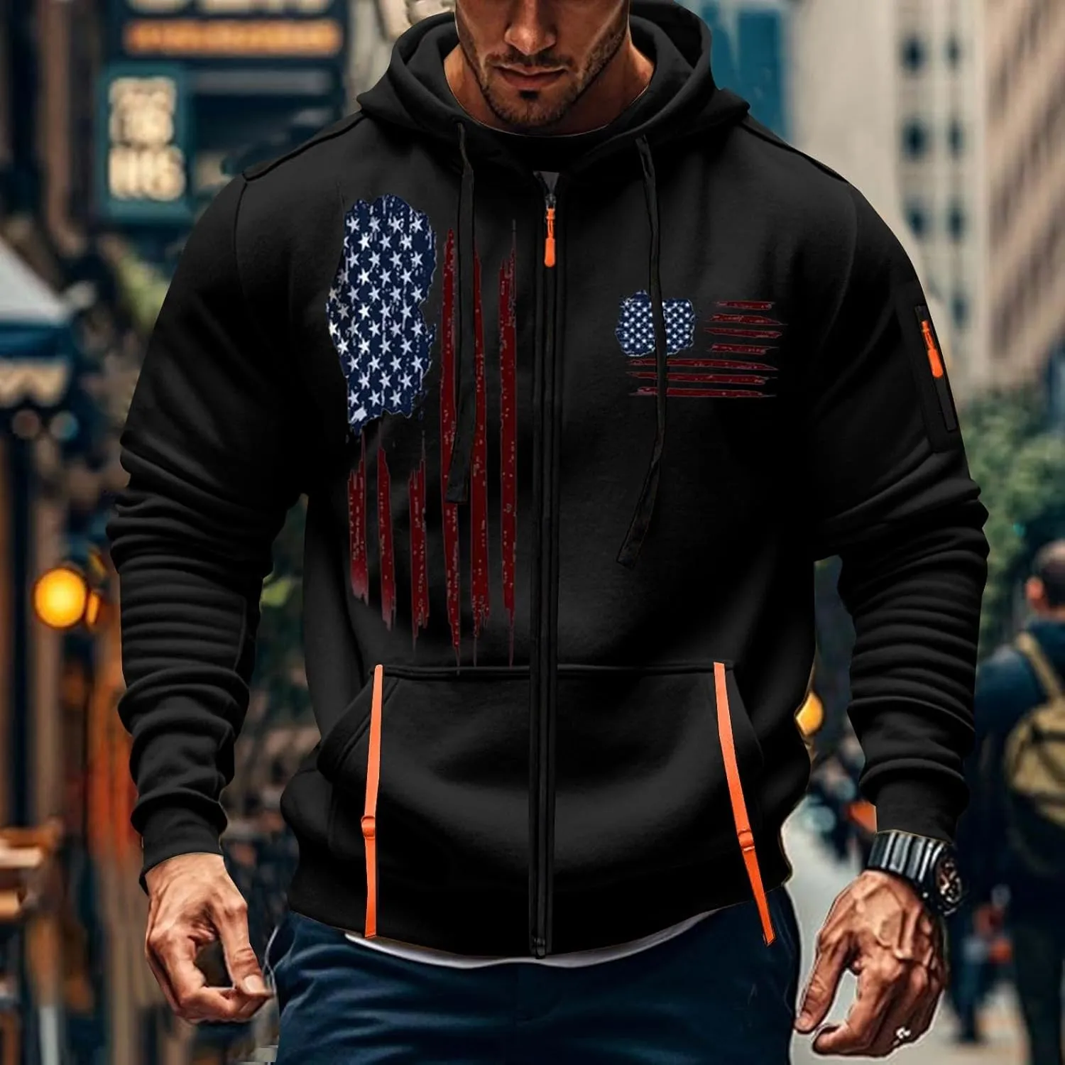 Zipper Hoodies for Men Graphic American Flag Tactical Hooded Sweatshirts Long Sleeve Athletic Jacket With Pockets