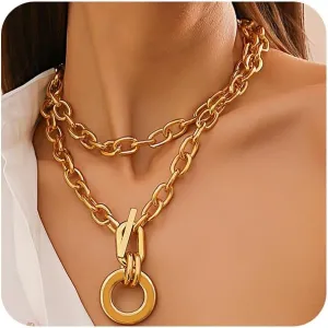 ZMANYIJEW Chunky Gold Layered Necklace for Women Gold Layered Necklaces Delicate Chunky Paperclip Necklace OT Toggle Clasp Necklaces Stackable Choker Necklaces Jewelry