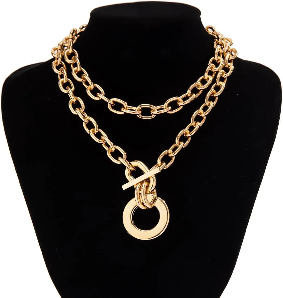 ZMANYIJEW Chunky Gold Layered Necklace for Women Gold Layered Necklaces Delicate Chunky Paperclip Necklace OT Toggle Clasp Necklaces Stackable Choker Necklaces Jewelry