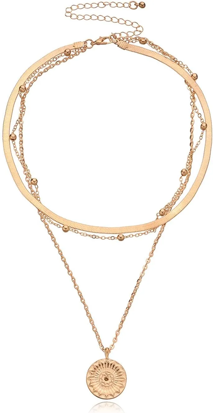ZMANYIJEW Layered Gold Necklaces for Women Stackable Gold/Silver Plated Chain Necklace Cross Turquoise Pendant Necklace Layering Herringbone Necklace Set Fashion Pendant Choker Necklaces for Women