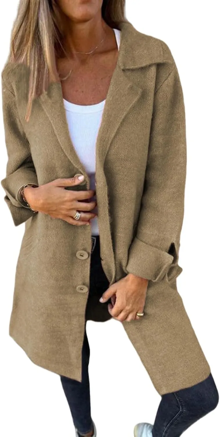 ZWRXW Womens Single Breasted Wool Blend Coat Open Front Long Sleeve Lapel Pea Coat Casual Solid Mid Length Trench Coats