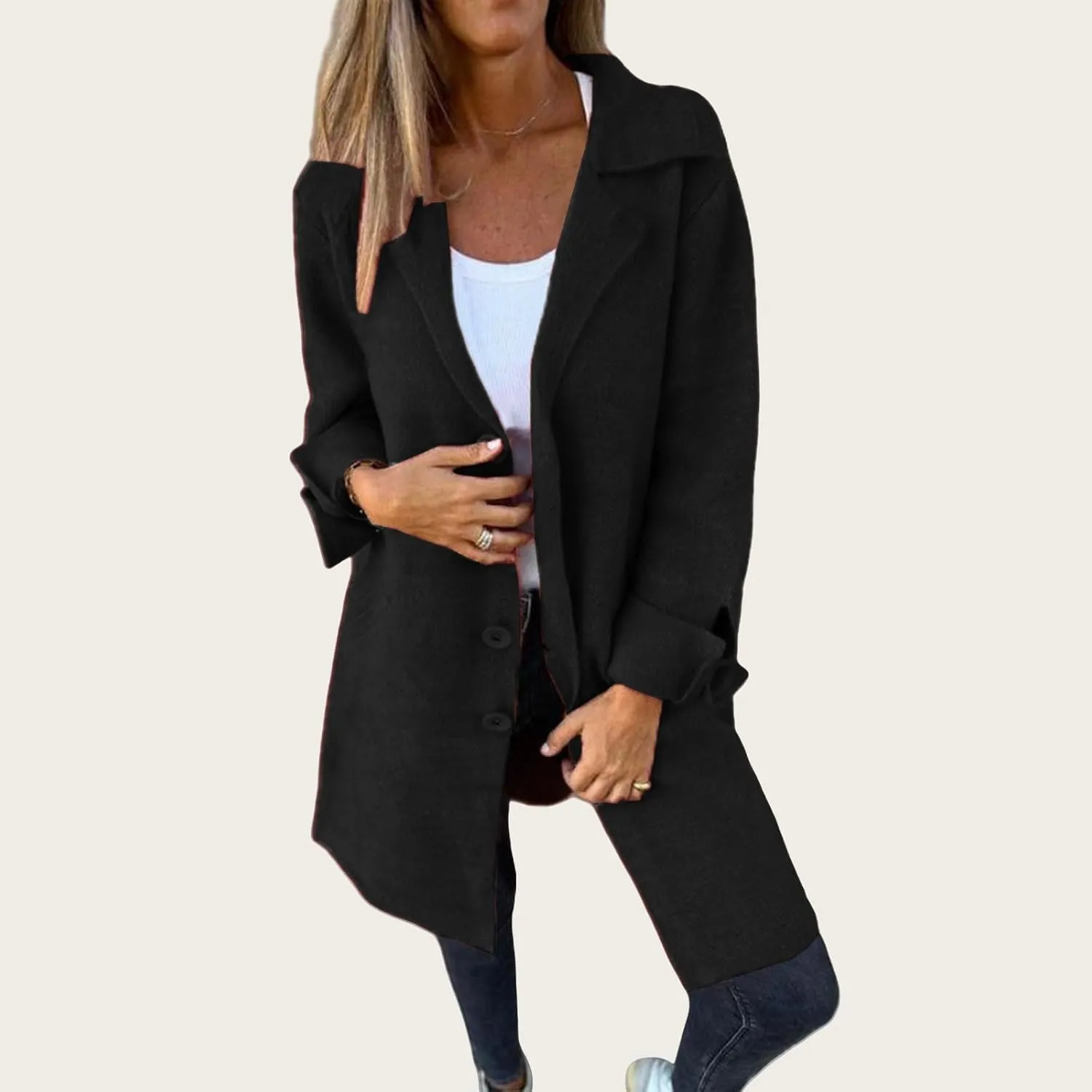 ZWRXW Womens Single Breasted Wool Blend Coat Open Front Long Sleeve Lapel Pea Coat Casual Solid Mid Length Trench Coats