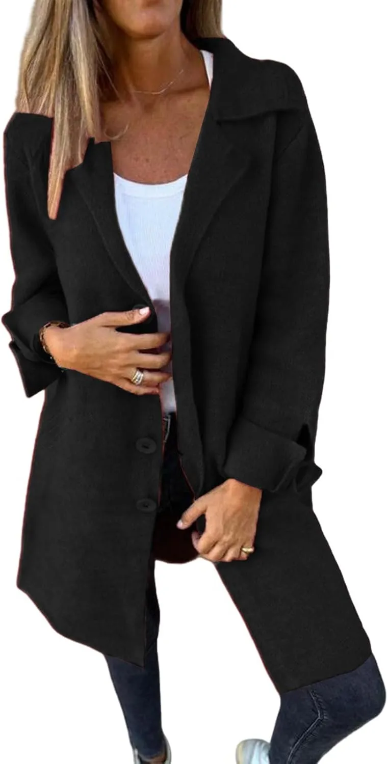 ZWRXW Womens Single Breasted Wool Blend Coat Open Front Long Sleeve Lapel Pea Coat Casual Solid Mid Length Trench Coats