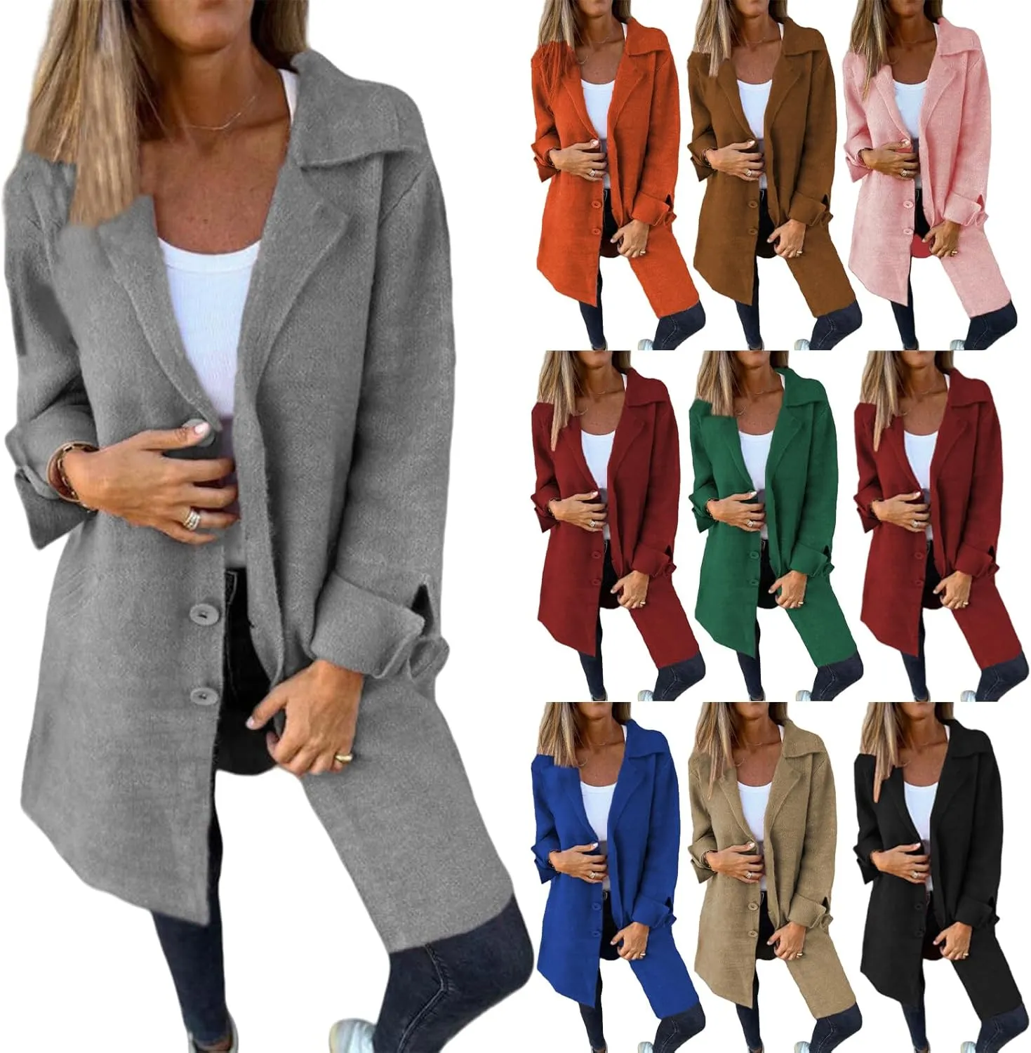 ZWRXW Womens Single Breasted Wool Blend Coat Open Front Long Sleeve Lapel Pea Coat Casual Solid Mid Length Trench Coats