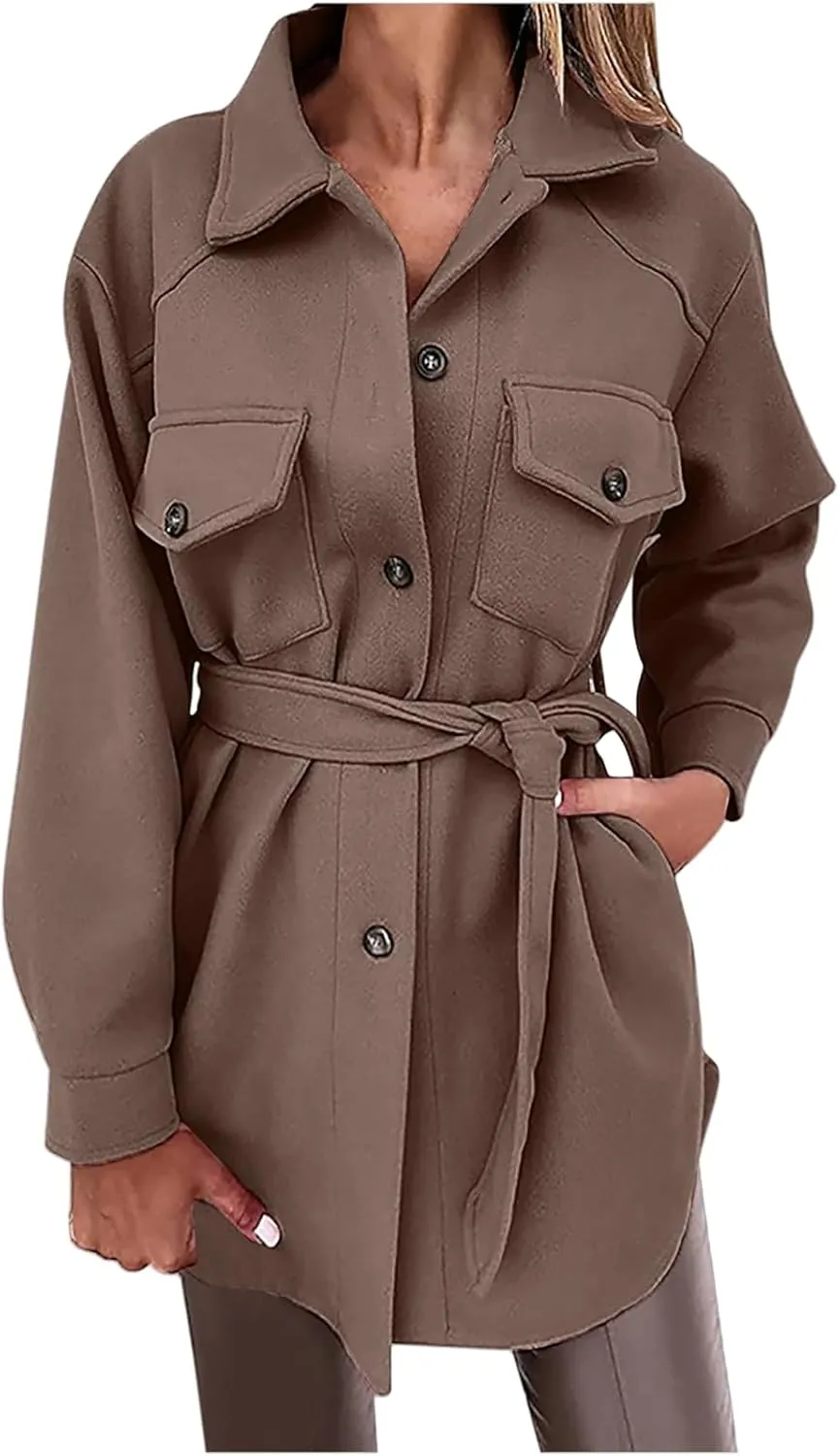 ZWRXW Women's Wool Blend Trench Coat Button Down Long Sleeve Belted Jacket Casual Loose Fit Lapel Coats Fall Fashion Outwear