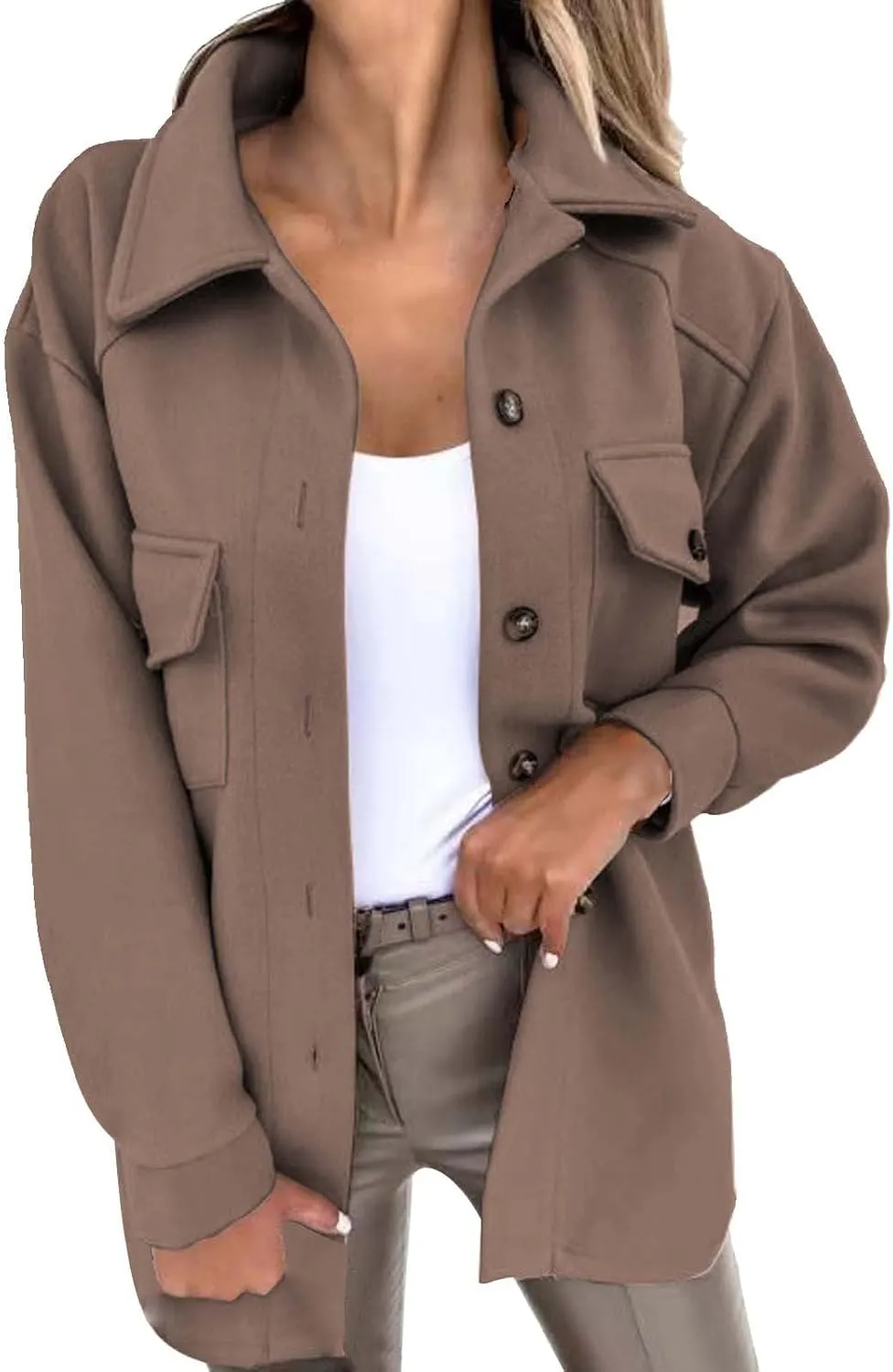 ZWRXW Women's Wool Blend Trench Coat Button Down Long Sleeve Belted Jacket Casual Loose Fit Lapel Coats Fall Fashion Outwear