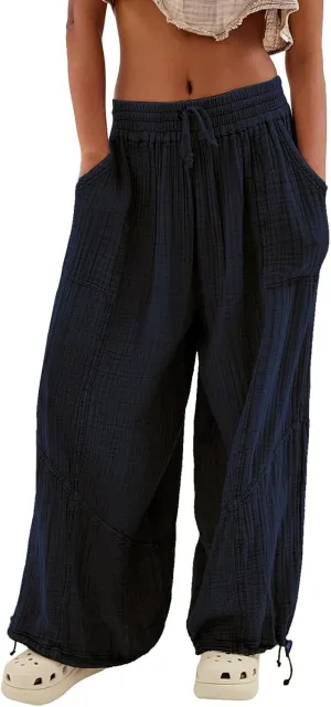 ZYXTIM Boho Pants for Women 2024 Plus Size Summer Wide Leg Smocked High Waisted Long Lounge Trousers Linen Palazzo Pants